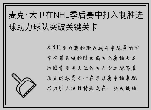 麦克·大卫在NHL季后赛中打入制胜进球助力球队突破关键关卡