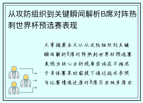 从攻防组织到关键瞬间解析B席对阵热刺世界杯预选赛表现